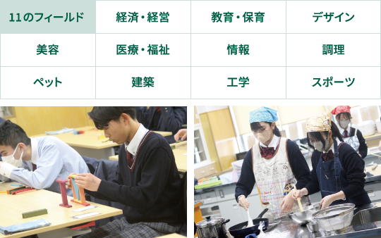 11のフィールド 経済・経営、教育・保育、デザイン、美容、医療・福祉、情報、調理、ペット、建築、工学、スポーツ