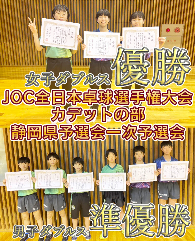 JOC全日本卓球選手権大会カデットの部 静岡県予選会一次予選会 ダブルス 女子 優勝　男子 準優勝のサムネイル